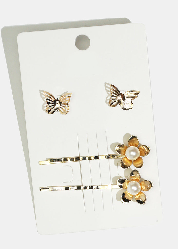 2-Piece Flower Hairpins & Butterfly Stud Earrings Gold HAIR - Shop Miss A