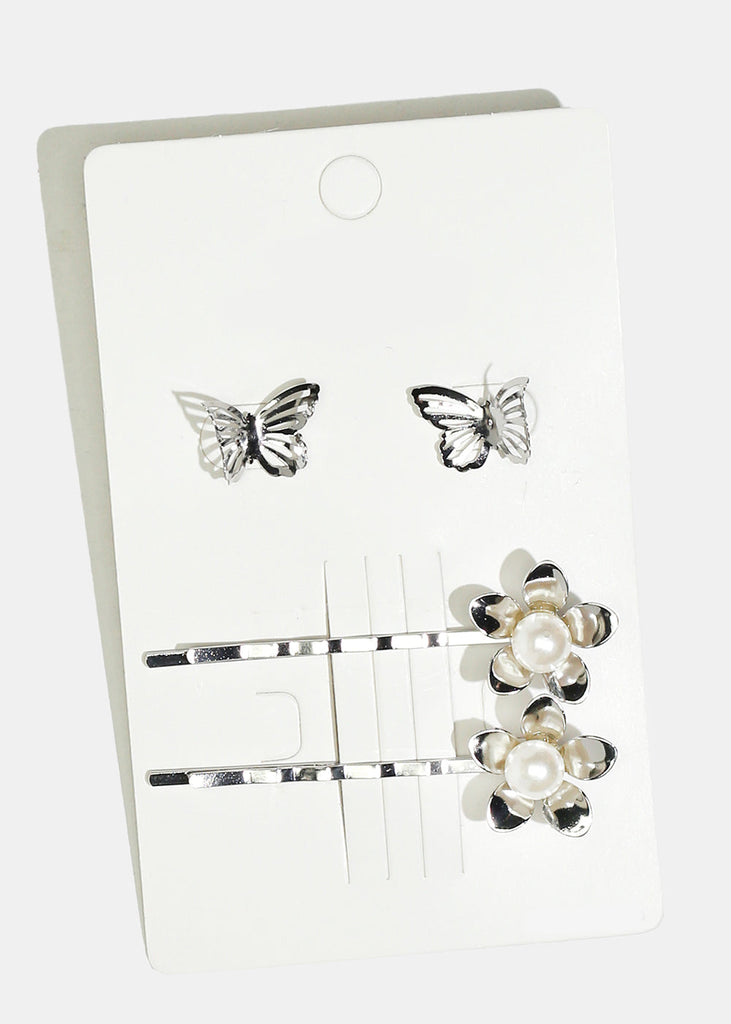 2-Piece Flower Hairpins & Butterfly Stud Earrings Silver HAIR - Shop Miss A