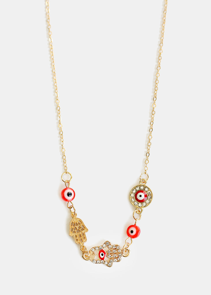 Hamsa Hands & Evil Eye Necklace Red/gold JEWELRY - Shop Miss A