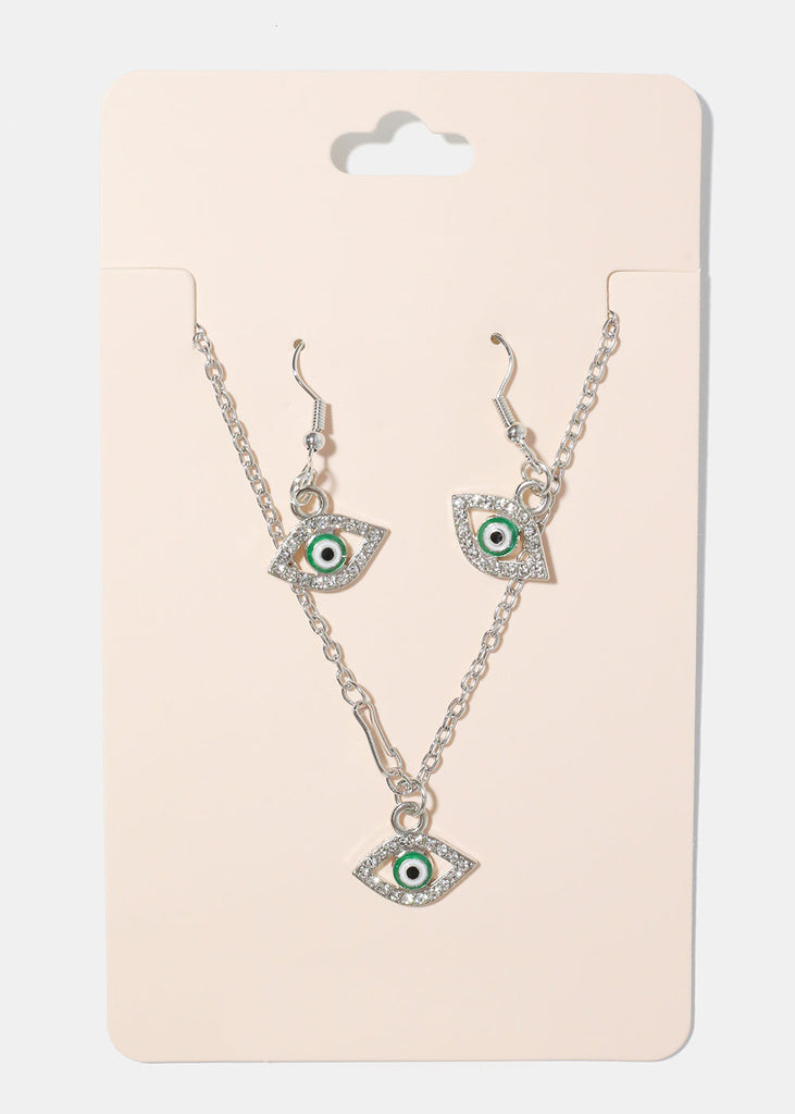 Evil Eye Necklace & Earring Set Green/silver JEWELRY - Shop Miss A