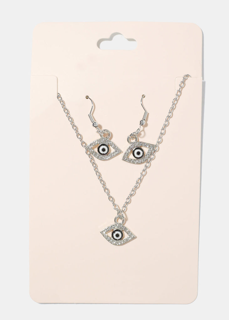Evil Eye Necklace & Earring Set Black/silver JEWELRY - Shop Miss A