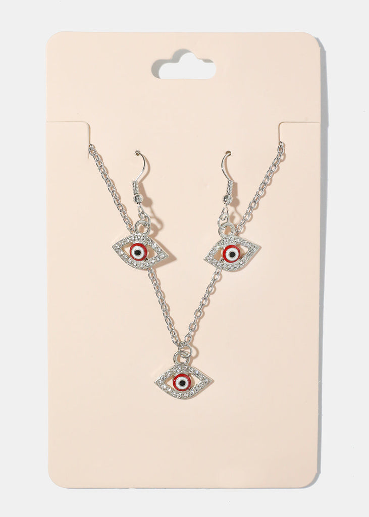 Evil Eye Necklace & Earring Set red/silver JEWELRY - Shop Miss A