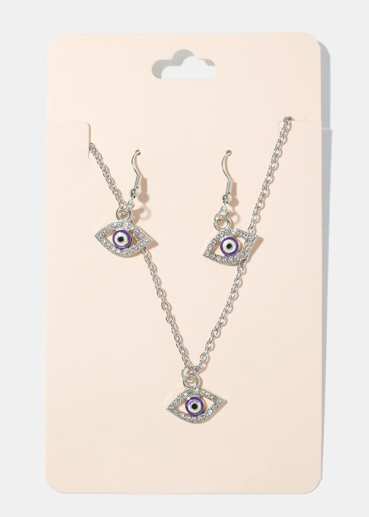Evil Eye Necklace & Earring Set Purple/silver JEWELRY - Shop Miss A