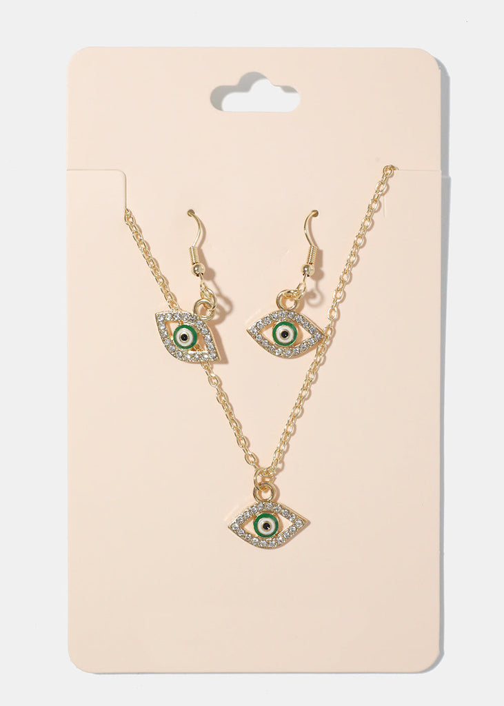 Evil Eye Necklace & Earring Set green/gold JEWELRY - Shop Miss A