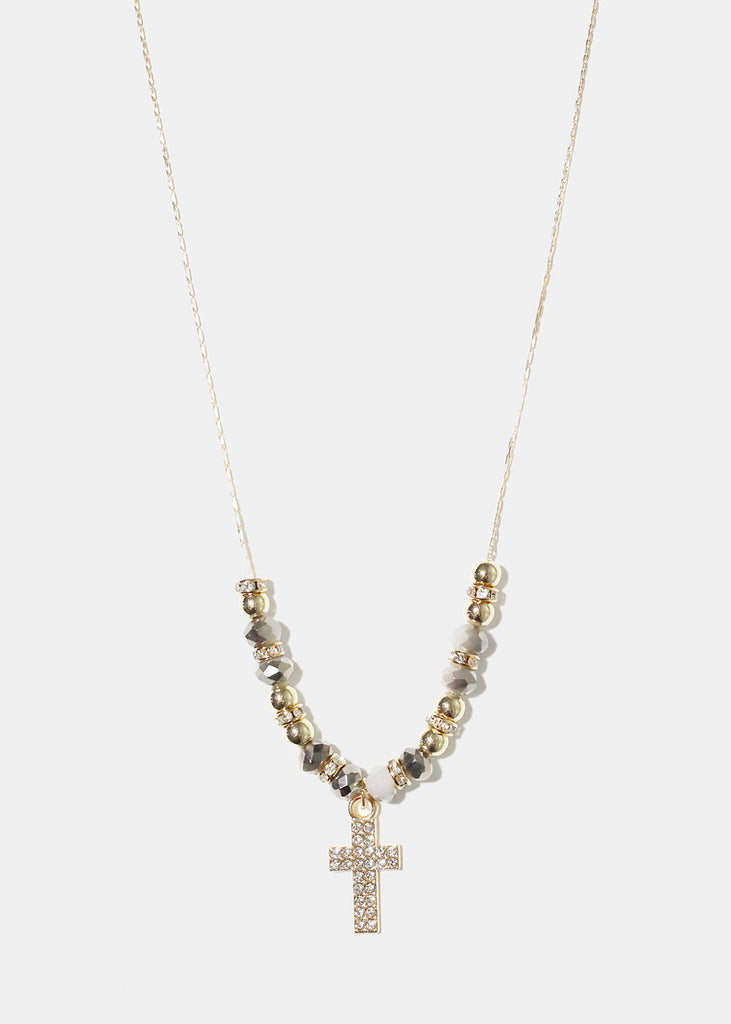 Rhinestone Cross Bead Necklace Gold JEWELRY - Shop Miss A