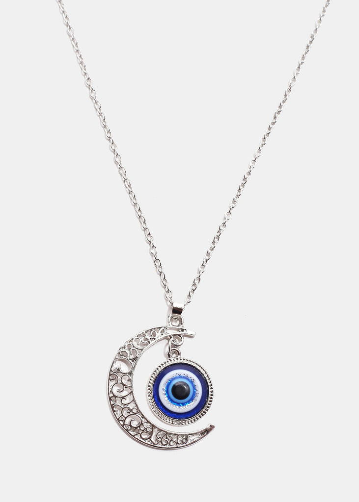 Evil Eye & Crescent Moon Necklace Silver JEWELRY - Shop Miss A