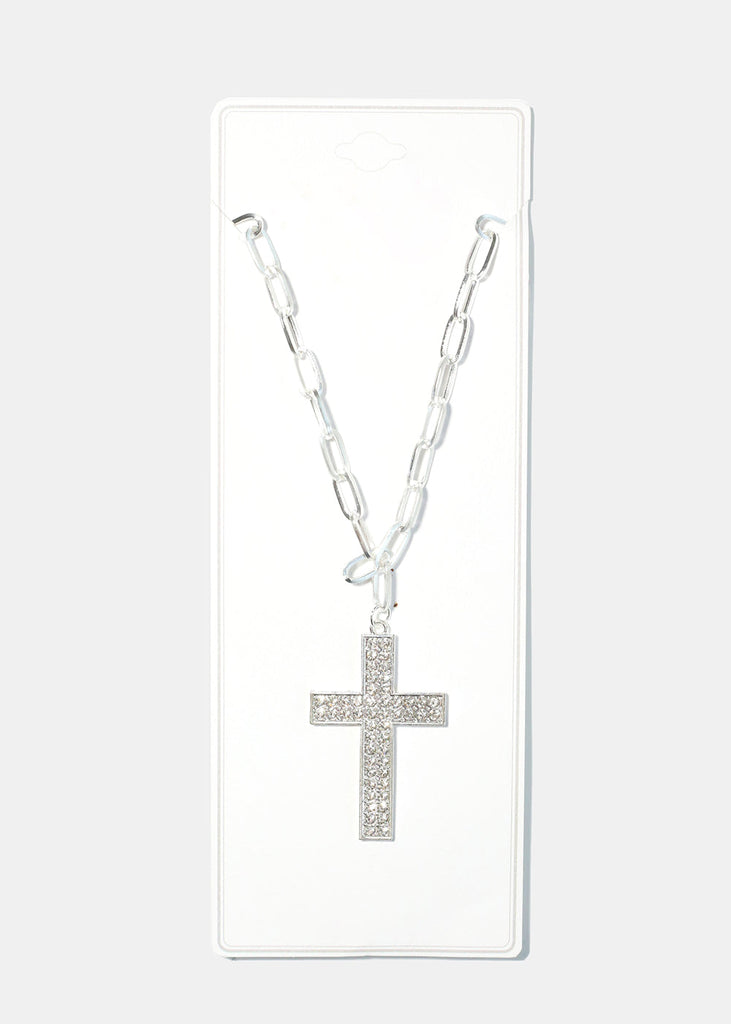 Rhinestone Cross Necklace Silver JEWELRY - Shop Miss A