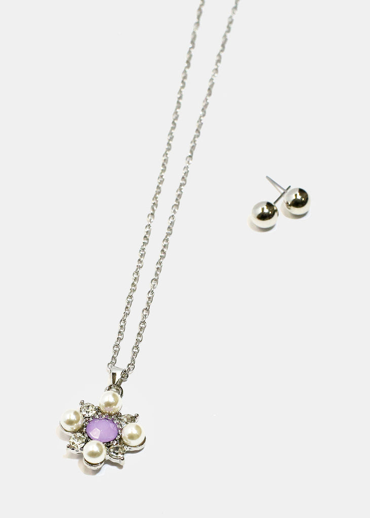 Flower Necklace & Earrings Set Silver/Purple JEWELRY - Shop Miss A