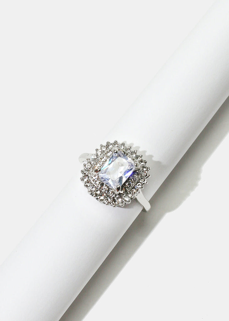 Rhinestone & Square Gemstone Ring Silver JEWELRY - Shop Miss A