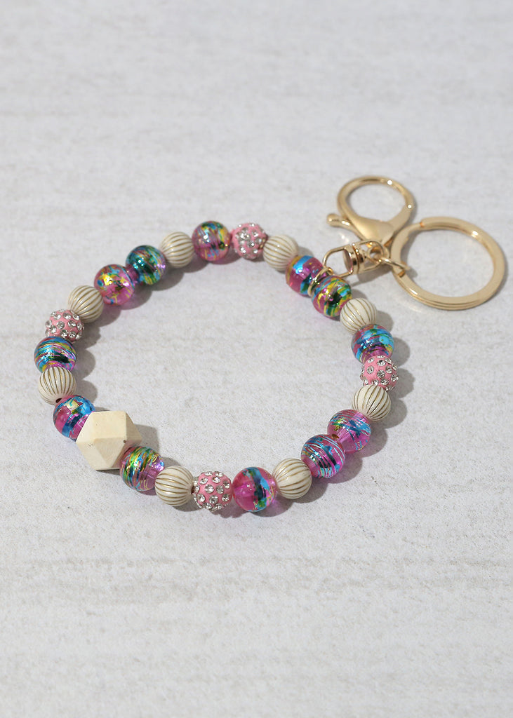 Rustic Beaded Keychain Bracelet Gold/Pink ACCESSORIES - Shop Miss A