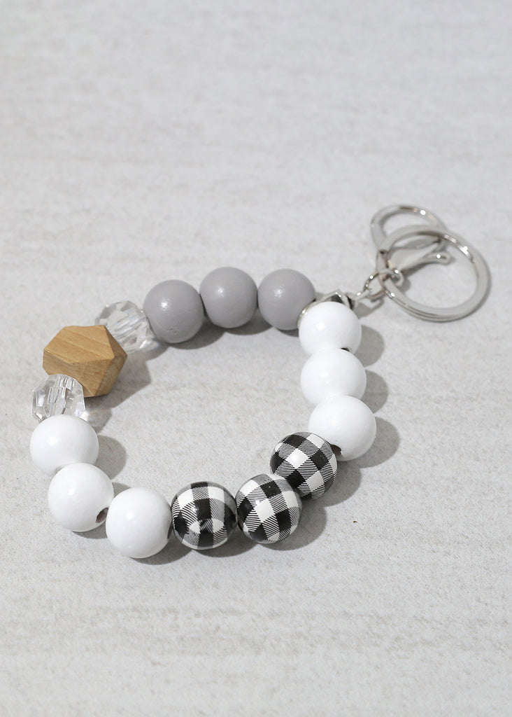 Plaid-Wood Bead Keychain Bracelet Silver/Black ACCESSORIES - Shop Miss A