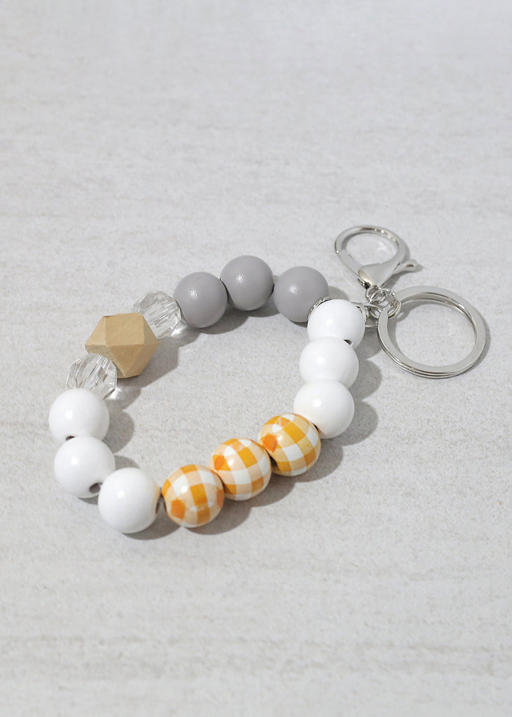 Plaid-Wood Bead Keychain Bracelet Silver/Orange ACCESSORIES - Shop Miss A