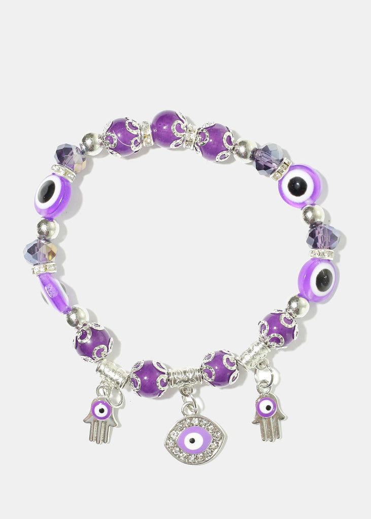 Evil Eye Colorful Bead Bracelet Purple/Silver JEWELRY - Shop Miss A