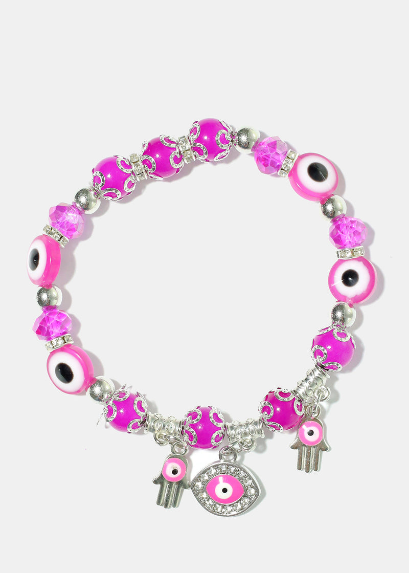 Evil Eye Colorful Bead Bracelet Pink/Silver JEWELRY - Shop Miss A