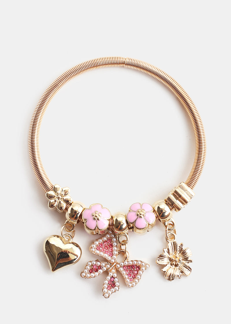 Bow Charm Stretch Bracelet Pink/Gold JEWELRY - Shop Miss A