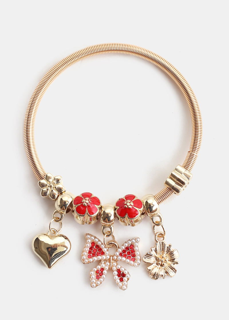 Bow Charm Stretch Bracelet Red/Gold JEWELRY - Shop Miss A