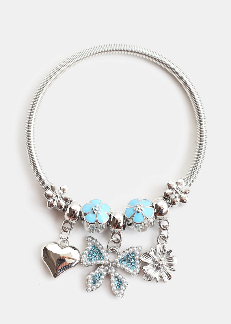 Bow Charm Stretch Bracelet Blue/Silver JEWELRY - Shop Miss A