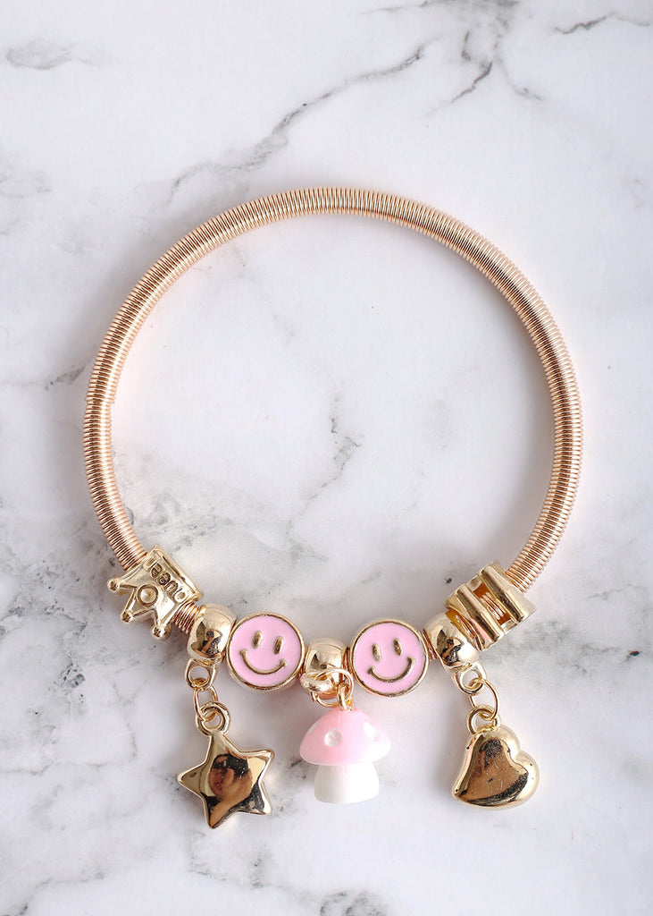 Mushroom & Smiley Face Bangle Pink JEWELRY - Shop Miss A