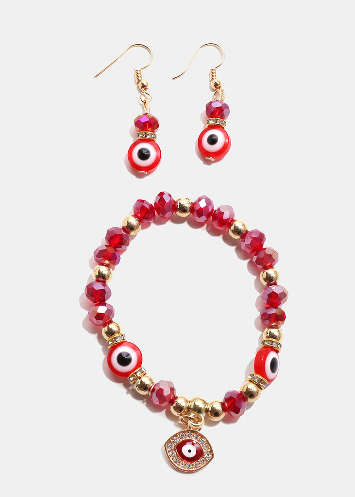 Colorful Evil Eye Bracelet & Earring Set G. Red JEWELRY - Shop Miss A