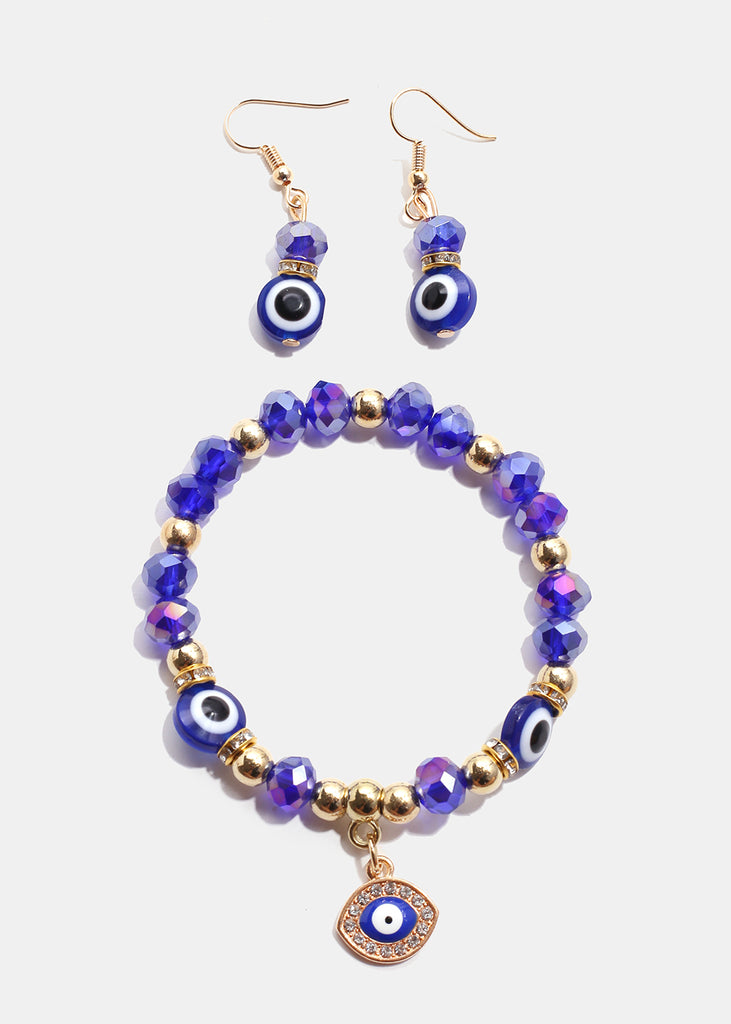 Colorful Evil Eye Bracelet & Earring Set G. Blue JEWELRY - Shop Miss A