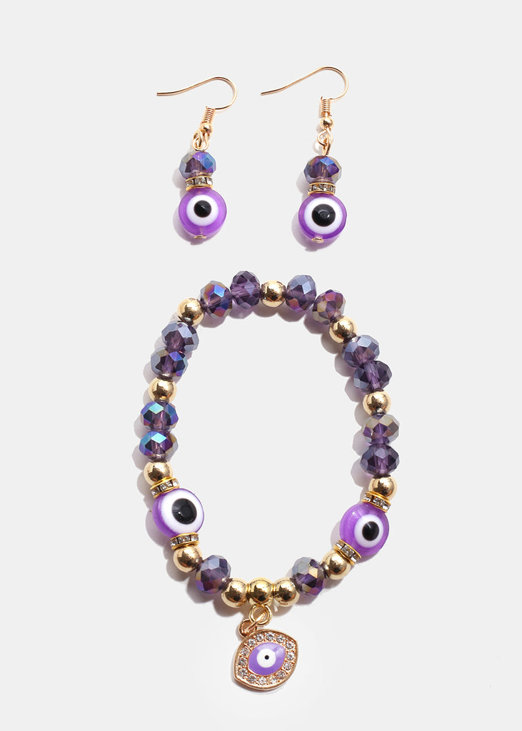 Colorful Evil Eye Bracelet & Earring Set G. Purple JEWELRY - Shop Miss A