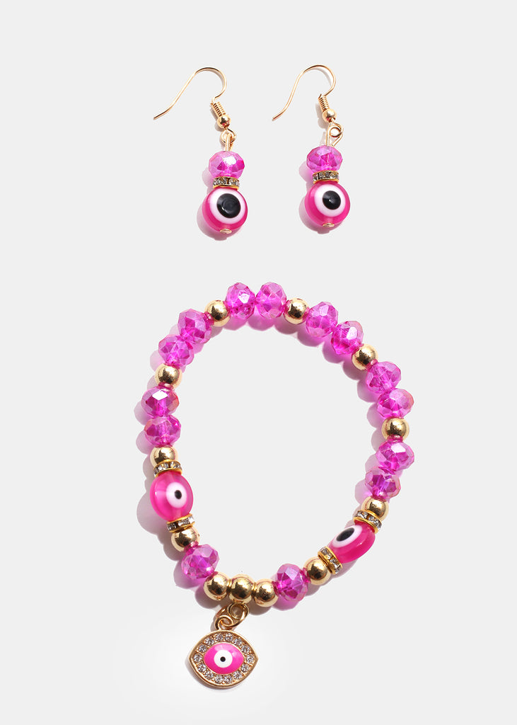 Colorful Evil Eye Bracelet & Earring Set G. Pink JEWELRY - Shop Miss A