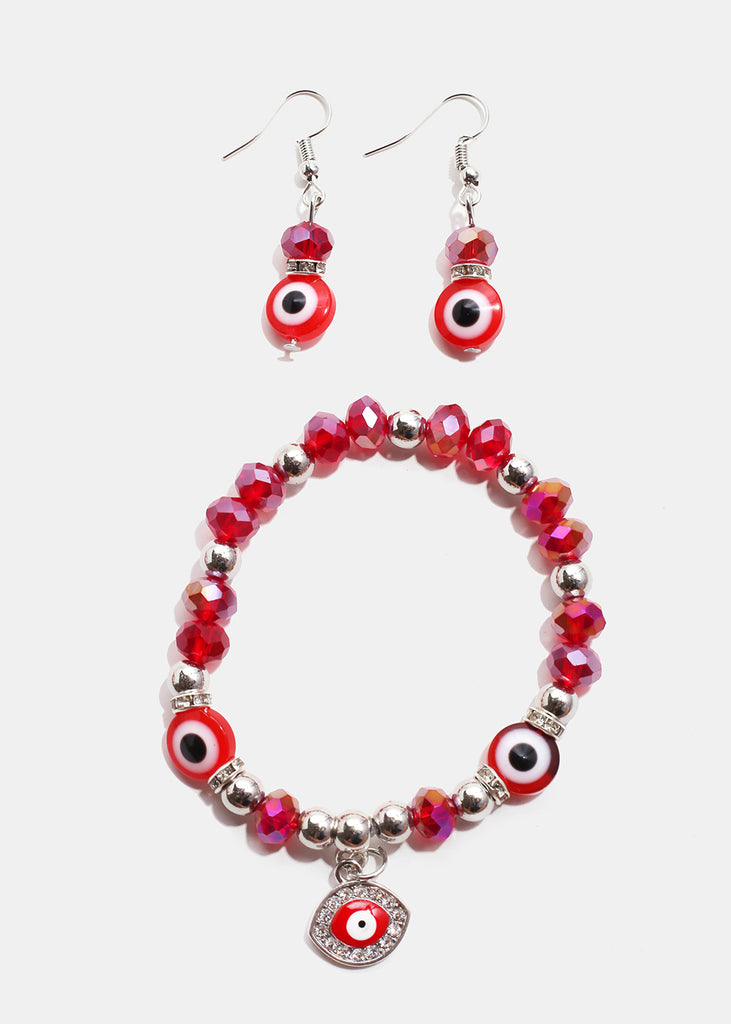 Colorful Evil Eye Bracelet & Earring Set S. Red JEWELRY - Shop Miss A