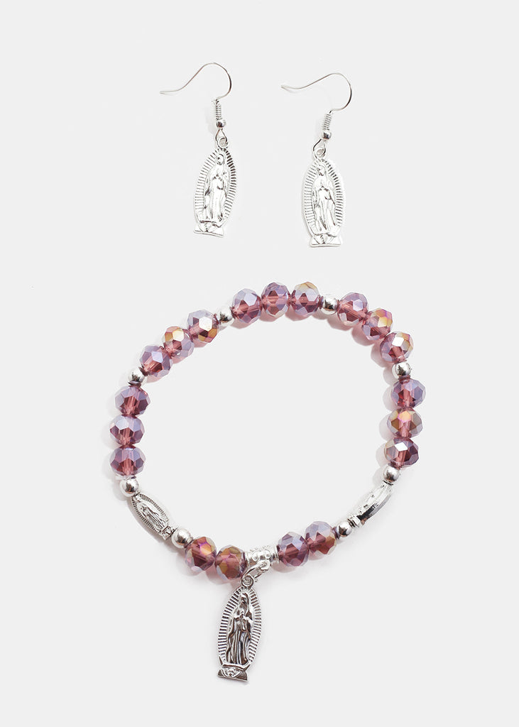 Rosary Bead Bracelet & Earring Set S. Purple JEWELRY - Shop Miss A