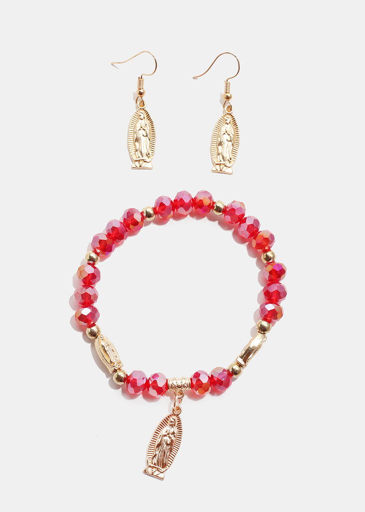 Red Virgin Mary Bead Bracelet & Earring Set Gold JEWELRY - Shop Miss A