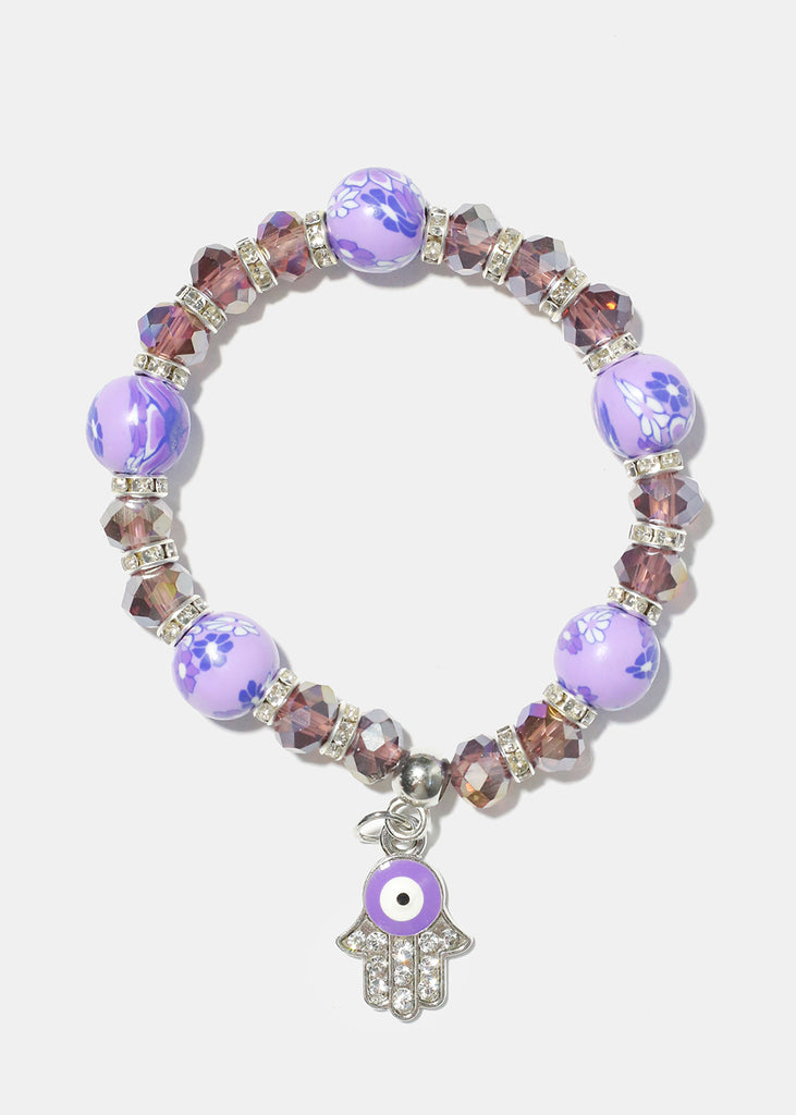 Hamsa Hand Charm Beaded Bracelet S. Purple JEWELRY - Shop Miss A