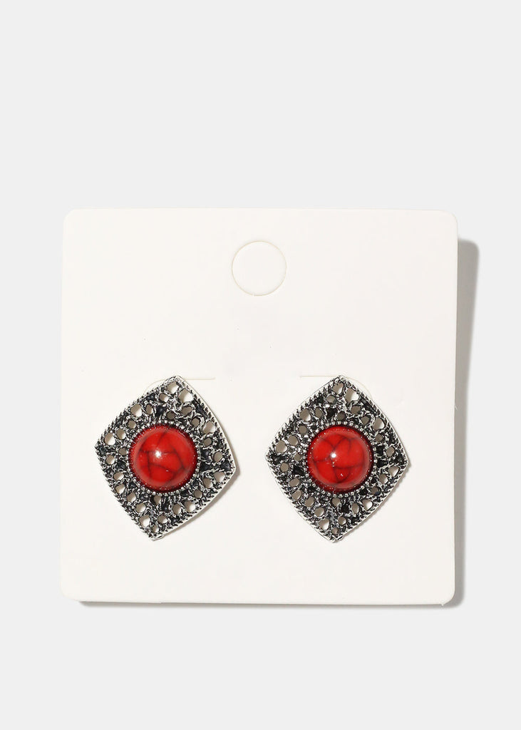 Diamond Shape Earring with Stone Red JEWELRY - Shop Miss A