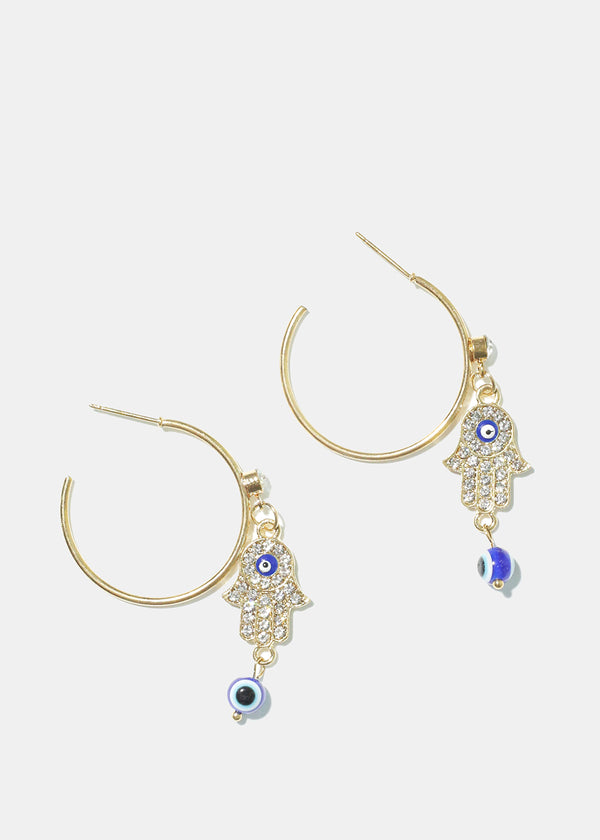 Hamsa Hand & Evil Eye Hoop Earrings Gold/ Blue JEWELRY - Shop Miss A
