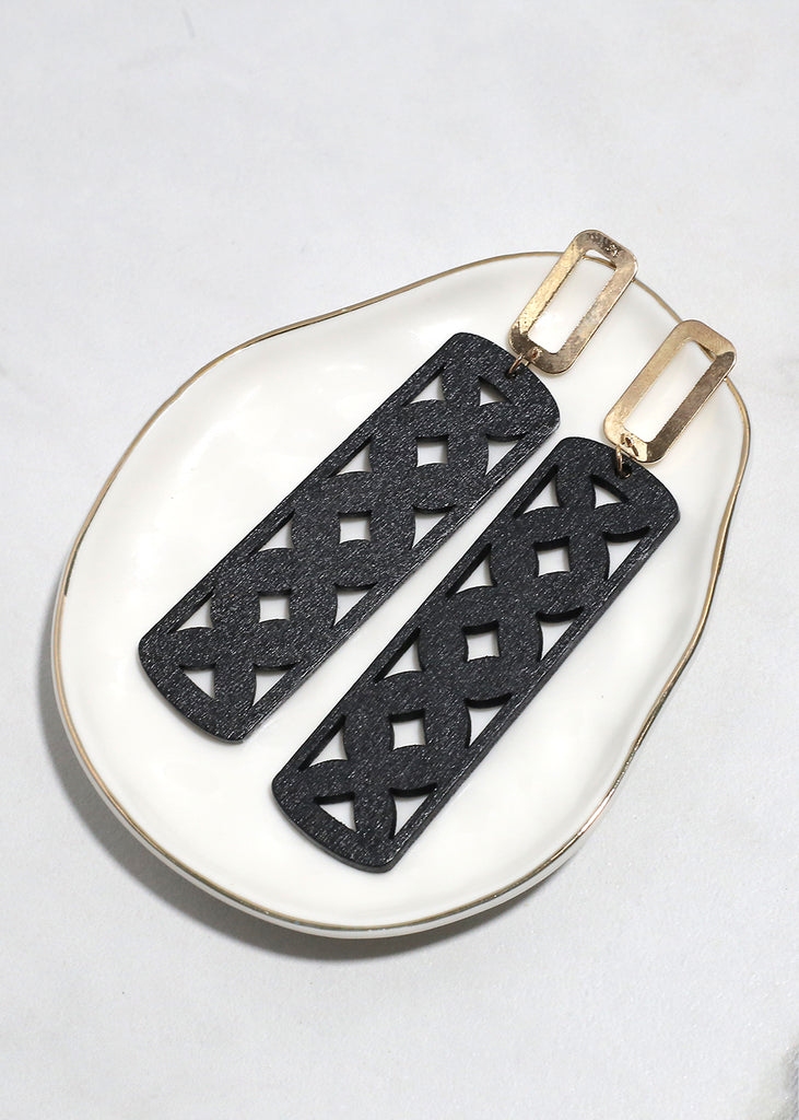 Wooden Rectangle Drop Earrings Black JEWELRY - Shop Miss A