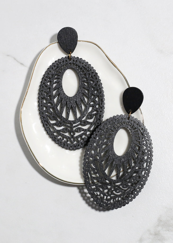 Wooden Oval Drop Earrings Black JEWELRY - Shop Miss A