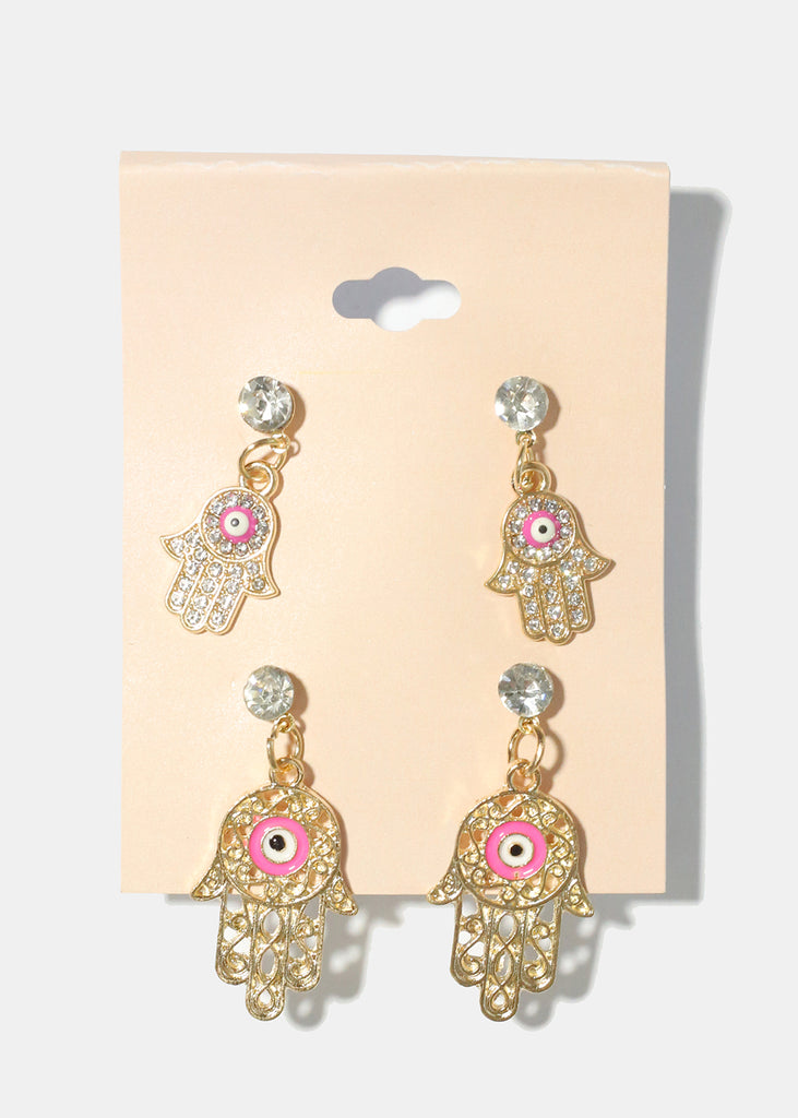 2 Pair Dangle Hamsa Hand Earrings G. Pink JEWELRY - Shop Miss A