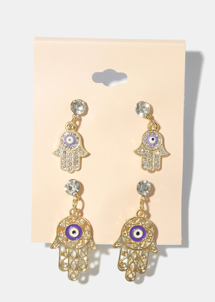 2 Pair Dangle Hamsa Hand Earrings G. Purple JEWELRY - Shop Miss A