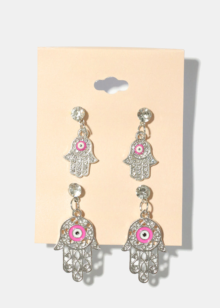 2 Pair Dangle Hamsa Hand Earrings S. Pink JEWELRY - Shop Miss A