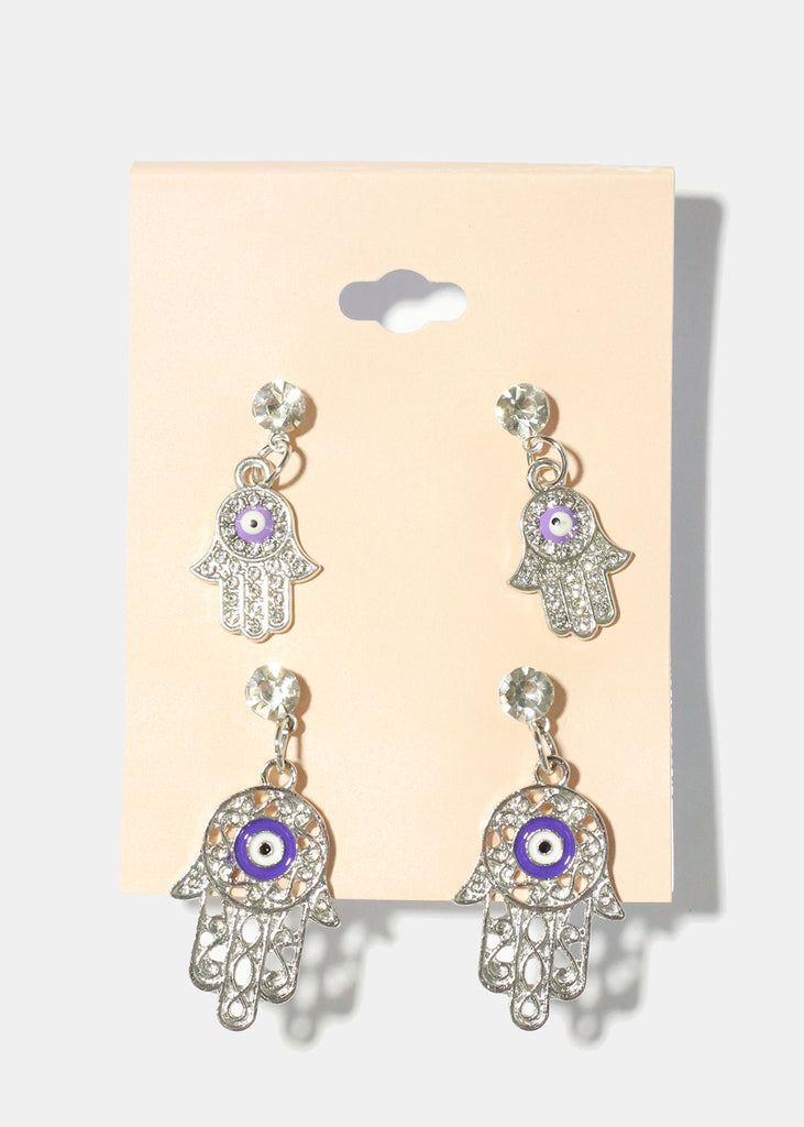2 Pair Dangle Hamsa Hand Earrings S. Purple JEWELRY - Shop Miss A