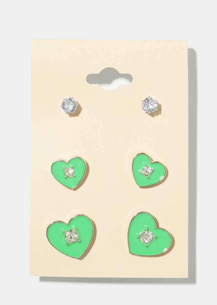 3 Pair Heart Earrings Green JEWELRY - Shop Miss A