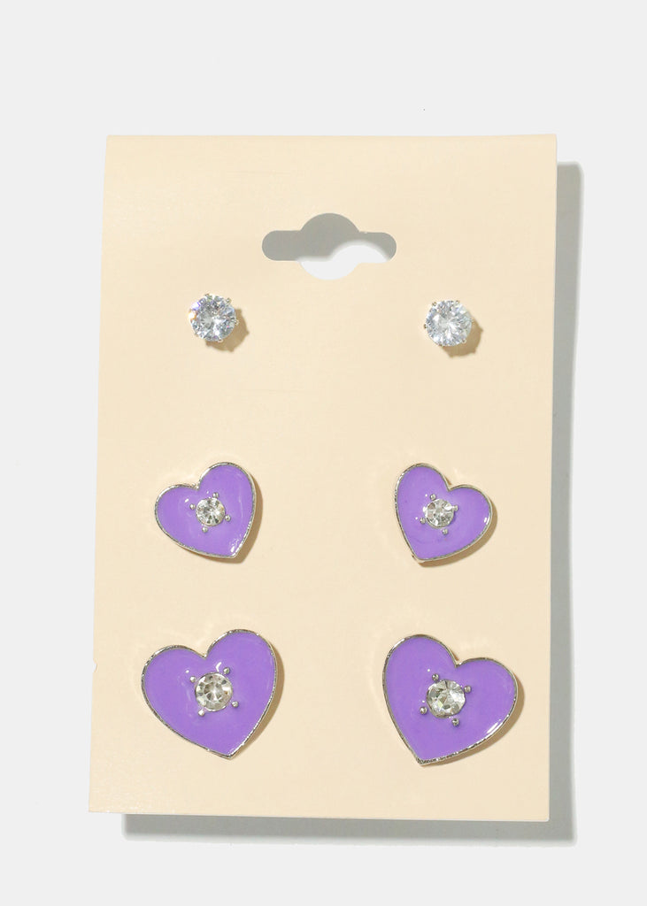 3 Pair Heart Earrings S. Purple JEWELRY - Shop Miss A