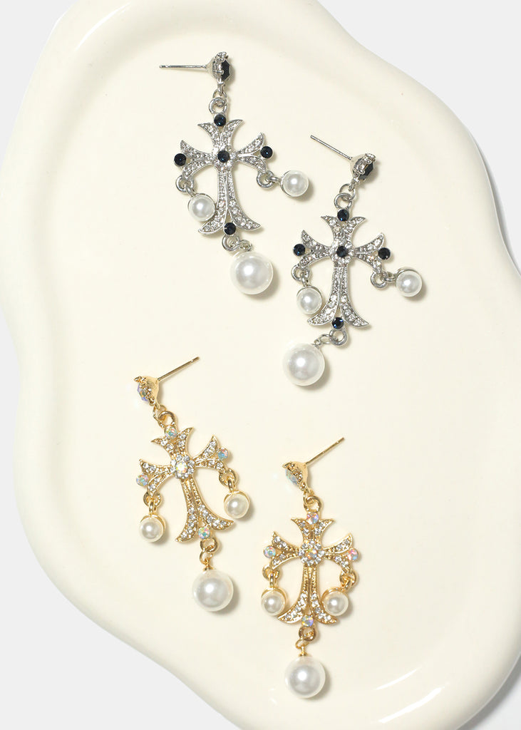 Pearl and Rhinestone Cross Earrings  JEWELRY - Shop Miss A