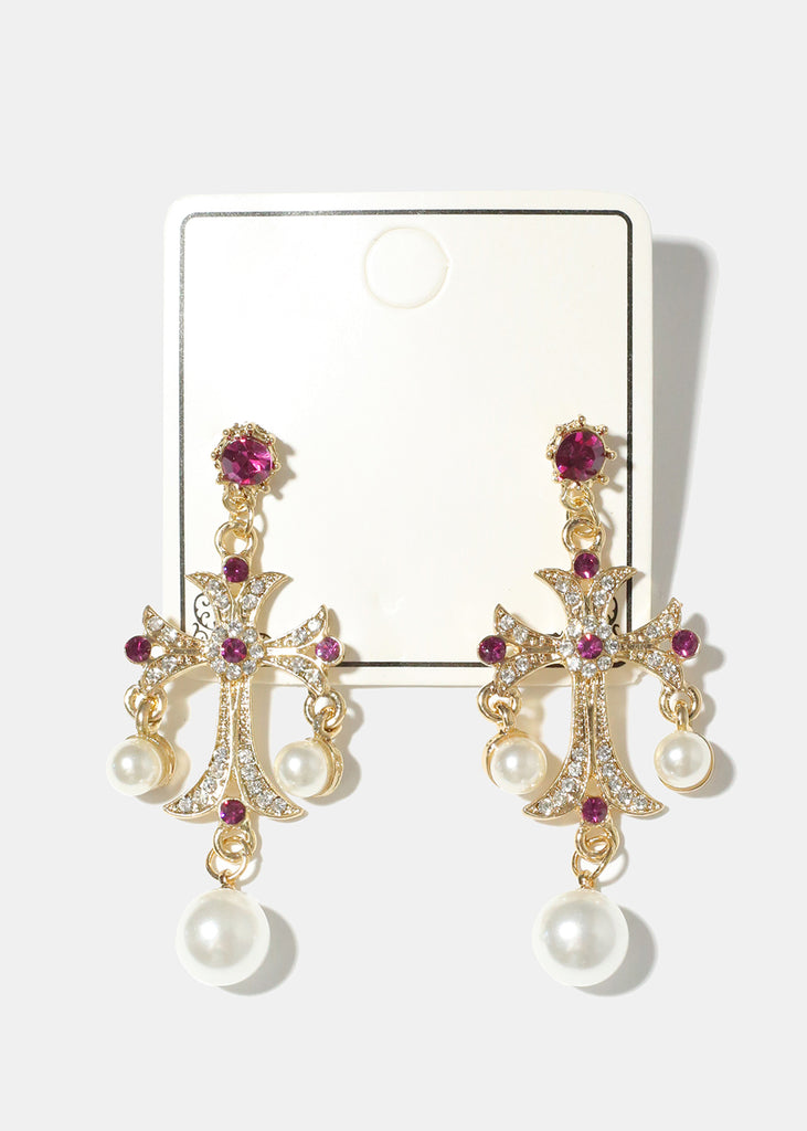 Pearl and Rhinestone Cross Earrings G. Purple JEWELRY - Shop Miss A