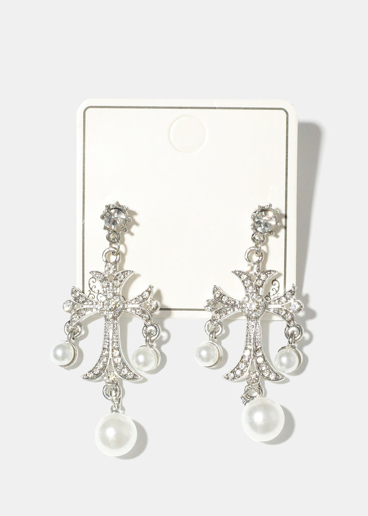 Pearl and Rhinestone Cross Earrings S. Clear JEWELRY - Shop Miss A
