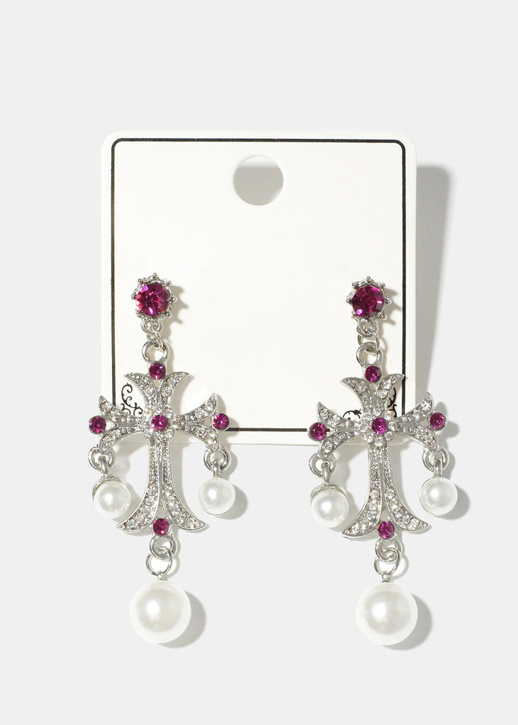 Pearl and Rhinestone Cross Earrings S. Purple JEWELRY - Shop Miss A