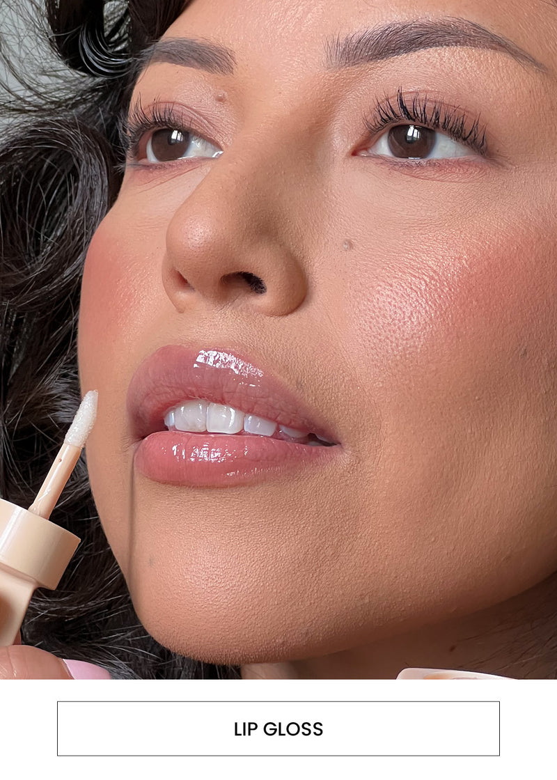 Image of a woman applying lip gloss alongside a “Lip Glossr” button