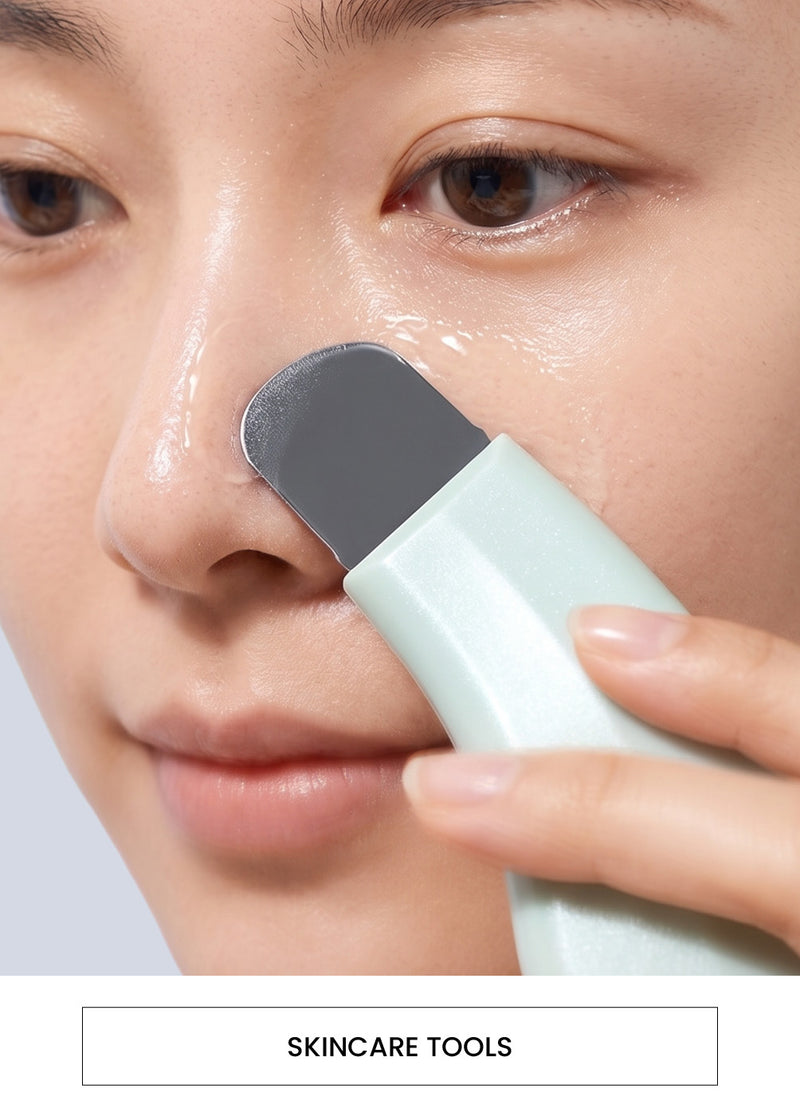 Image of a woman Pore Cleaning Tool alongside a  “Skincare Tools” button