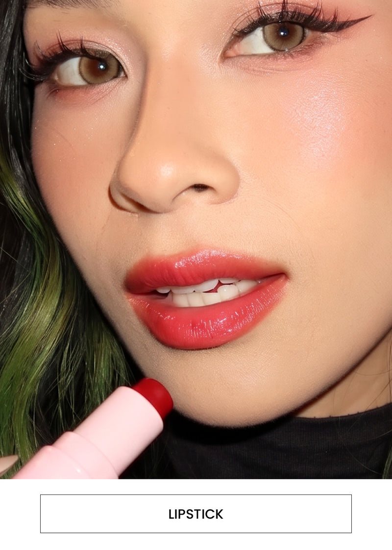Image of a woman wearing a soft red lip tint alongside a  “Lipstick” button