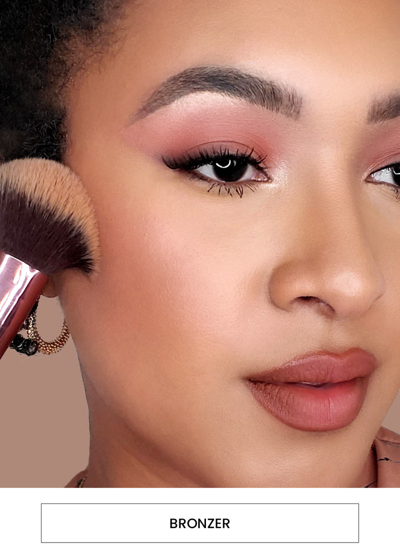 Image of a woman applying bronzer alongside a “Bronzer” button