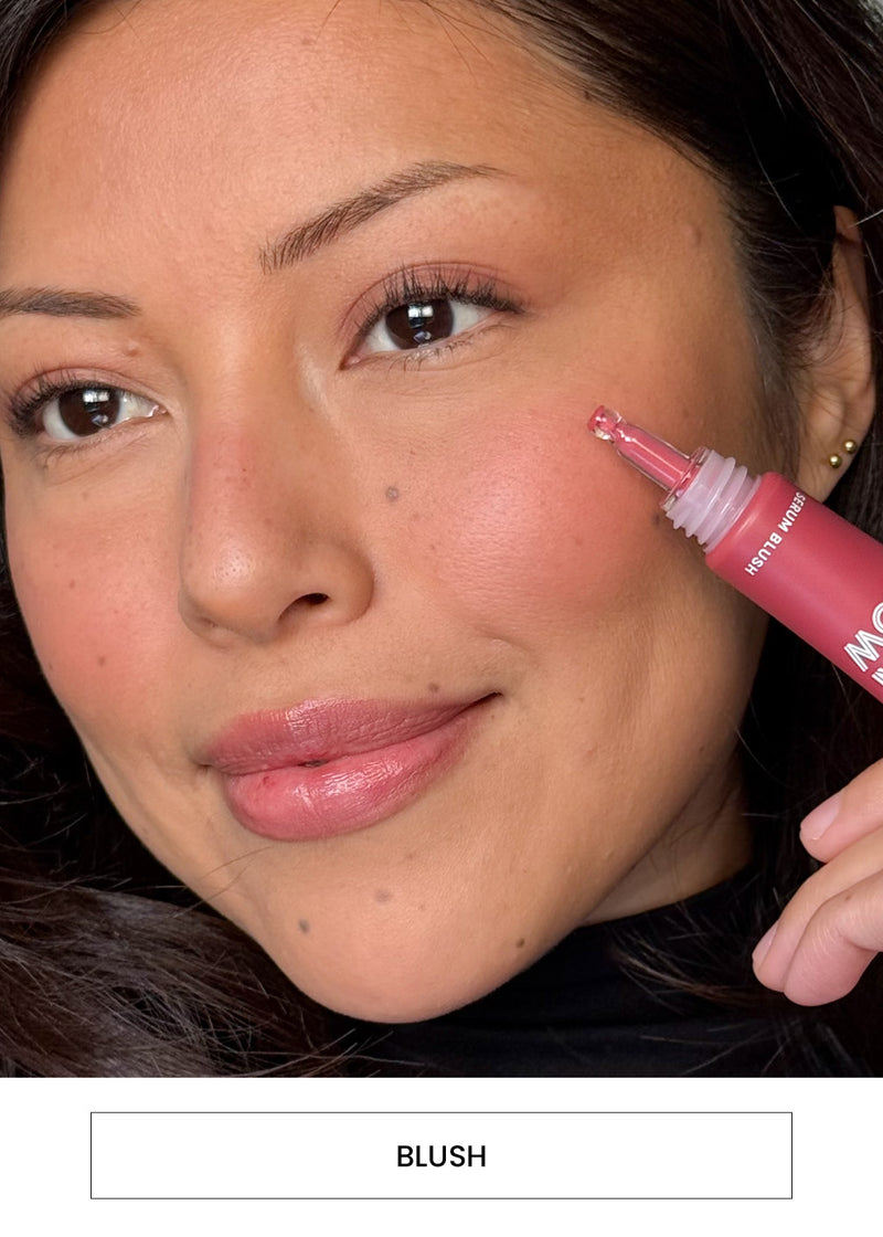 Image of a woman wearing pink blush alongside a  “Blush” button