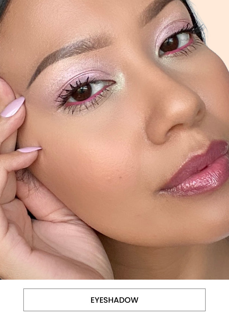 Image of a woman wearing shimmery soft pink and soft yellow eyeshadow alongside a  “Eyeshadow” button